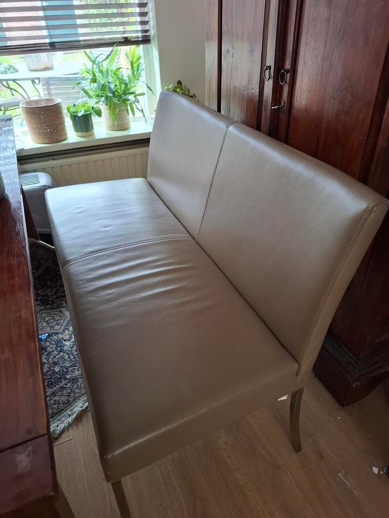 Beige leren disigner bankje/ eetbank, Ophalen of Verzenden, 75 tot 100 cm, Tweepersoons