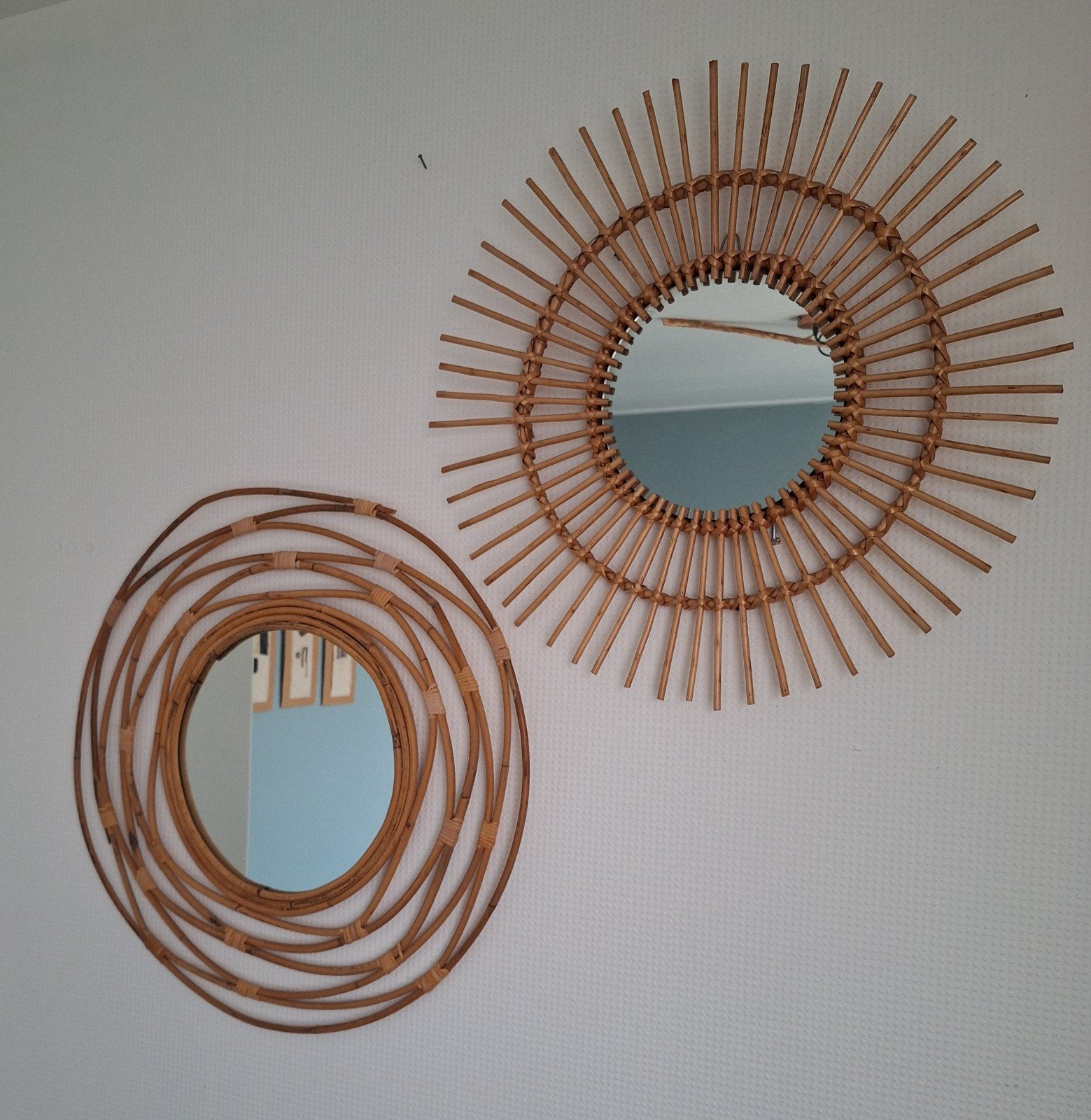 3 rotan spiegels zonnespiegel, boho, bohemian, Minder dan 50 cm, Rond, Ophalen of Verzenden, Zo goed als nieuw