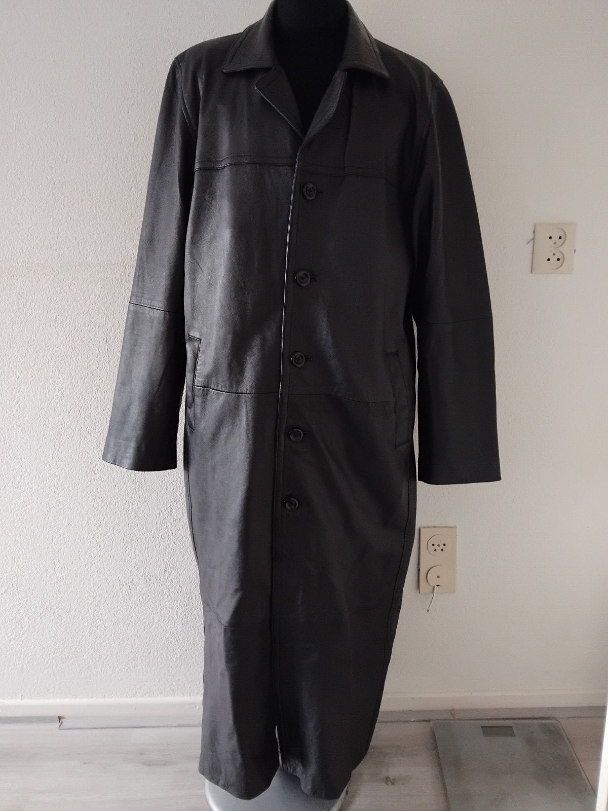 Lange zwarte leren jas /trenchcoat - Maat XXL, Zwart, Maat 56/58 (XL), Ophalen of Verzenden, Zo goed als nieuw