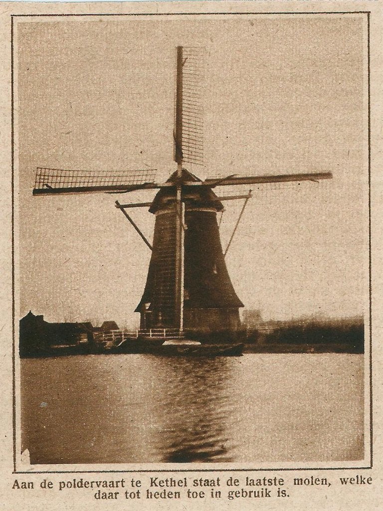 Schiedam Kethel knipsel Nieuwlandse Molen 1927, Verzamelen, Gebruikt, Ophalen of Verzenden, Gebouw, Voor 1940
