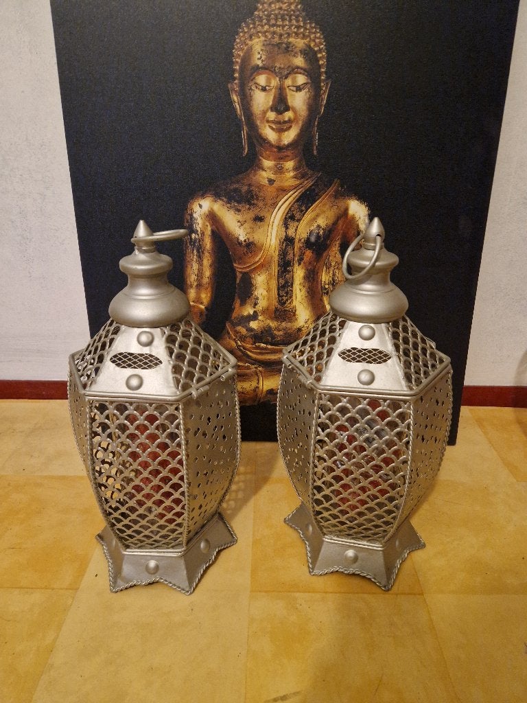 Set van 2 metalen lantaarn kandelaars, ook leuk in tuin!, Ophalen of Verzenden, Gebruikt, Metaal