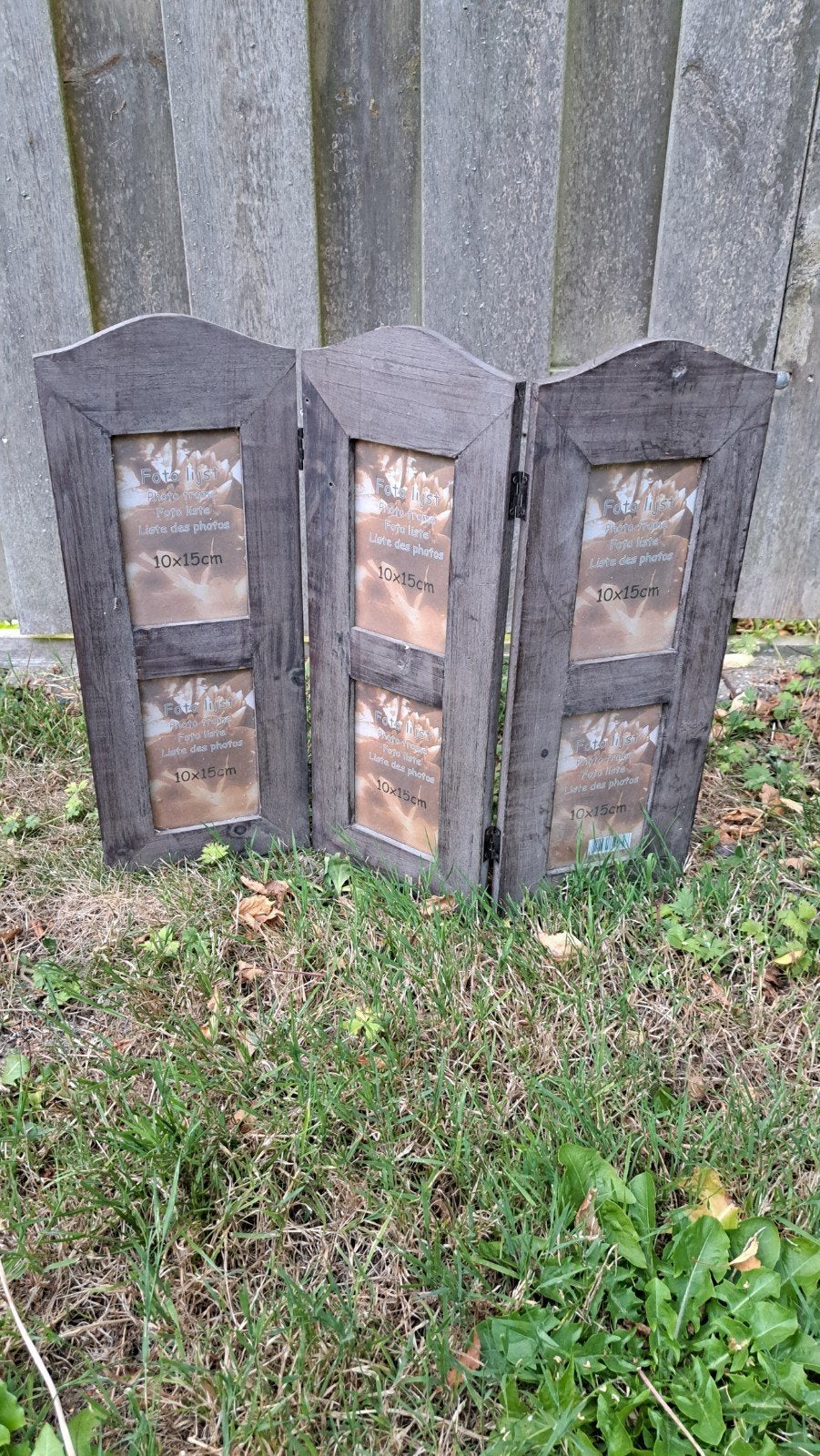 Houten fotolijst drieluik voor 6 foto's 10x15cm, Gebruikt, Grijs, Met glas, Hout