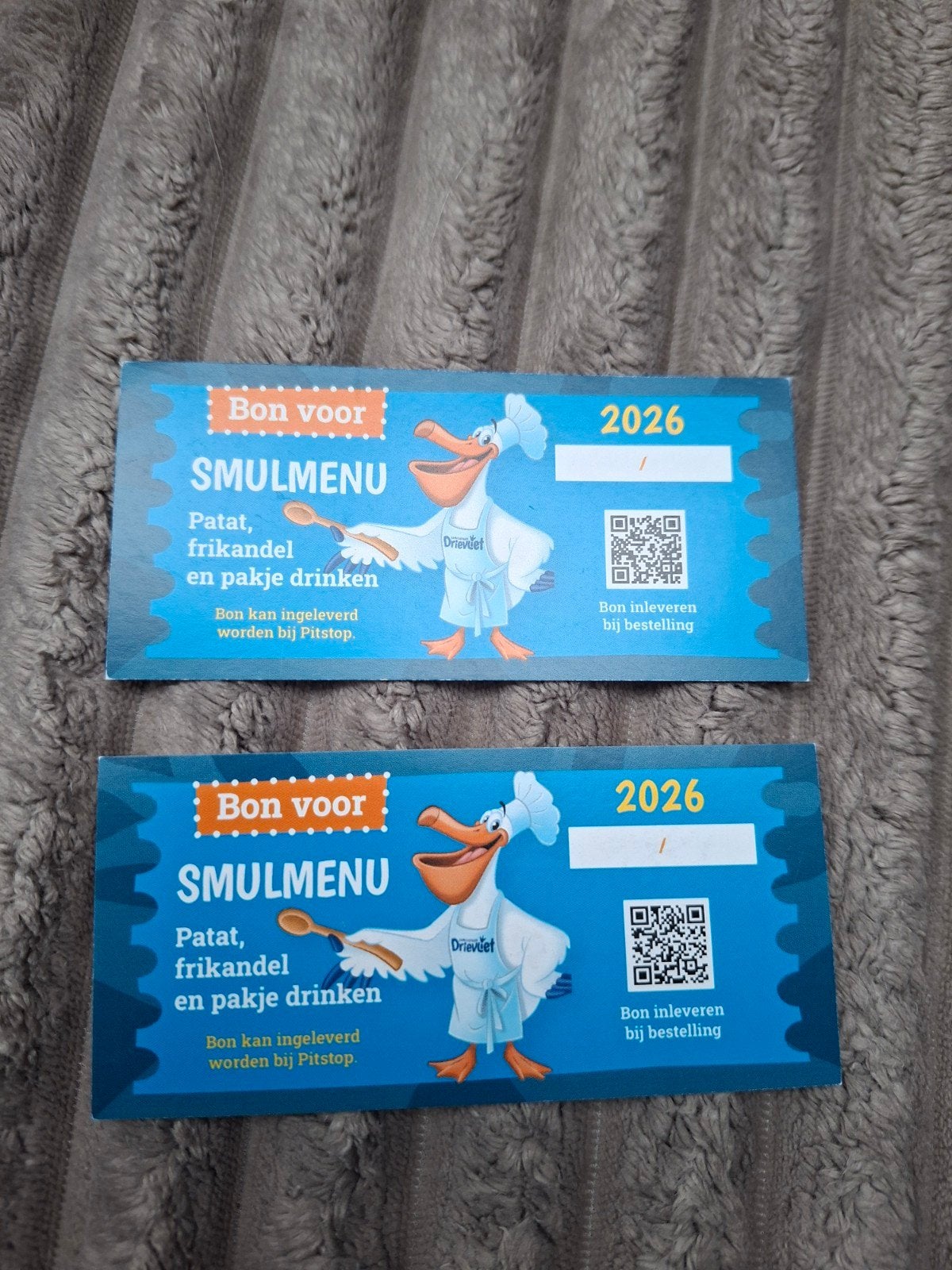 2 x smulmenu bonnen drievliet, Twee personen, Ticket of Toegangskaart