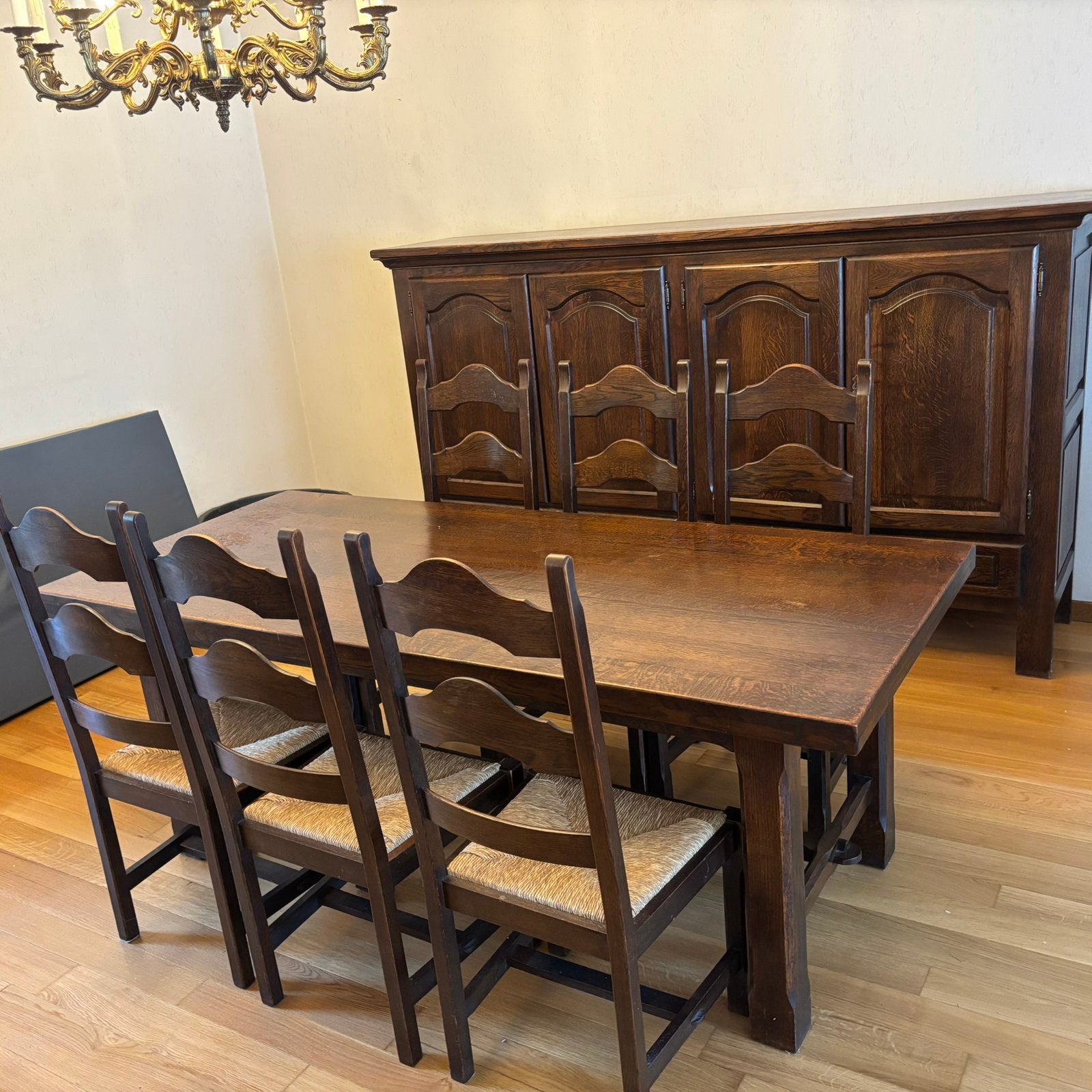 Massief eiken eetkamer, Ophalen, Gebruikt, 4 tot 6 stoelen