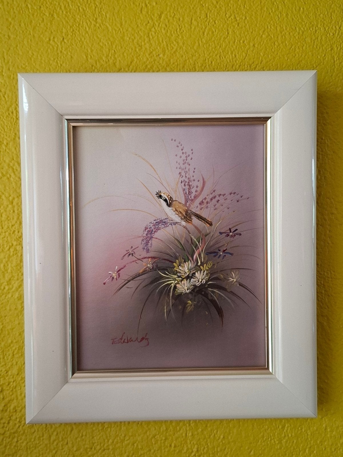 Klassiek schilderijtje met vogels en bloemen 80s, Ophalen of Verzenden, Gesigneerd, Olieverf, Dieren