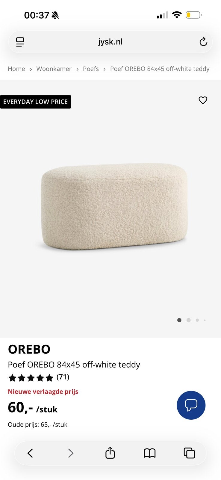 Poef white JYSK, Ophalen of Verzenden, Zo goed als nieuw, Rond, Minder dan 50 cm