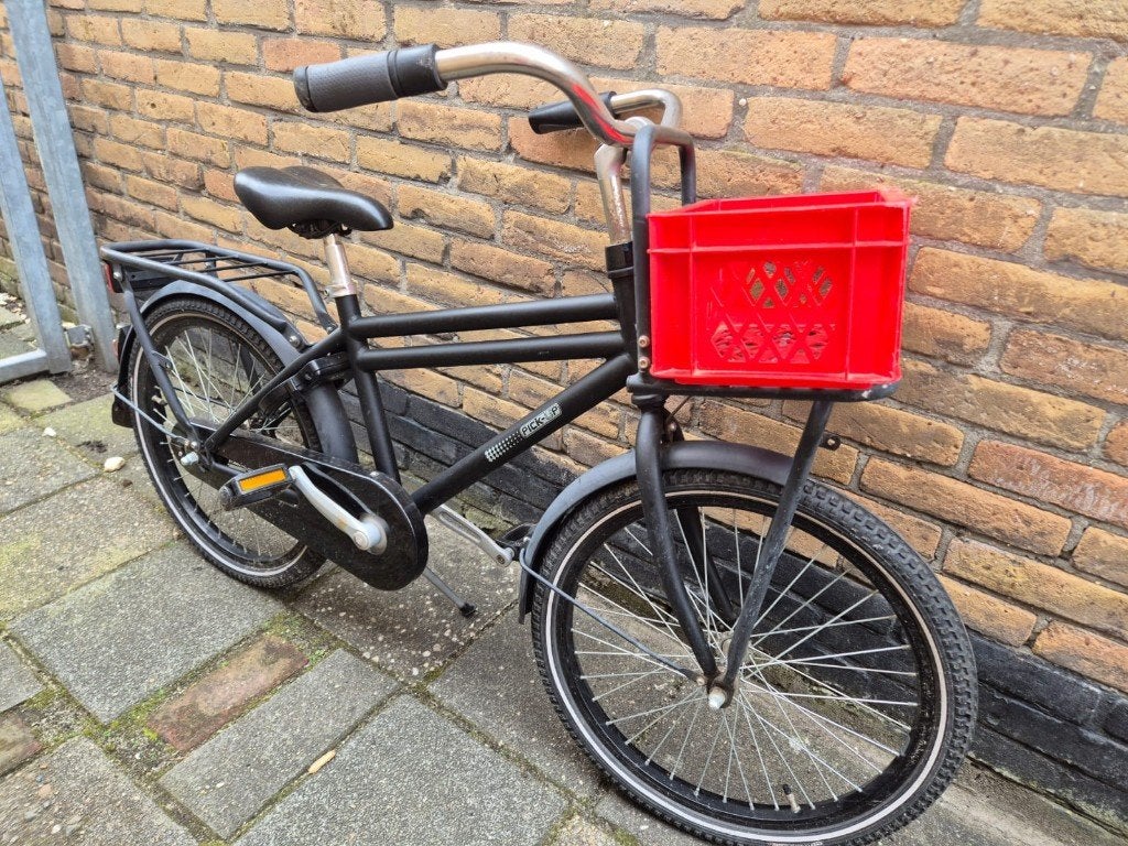 Stoere zwarte jongens fiets met afneembaar rode krat, Ophalen, Gebruikt, Terugtraprem, 20 inch