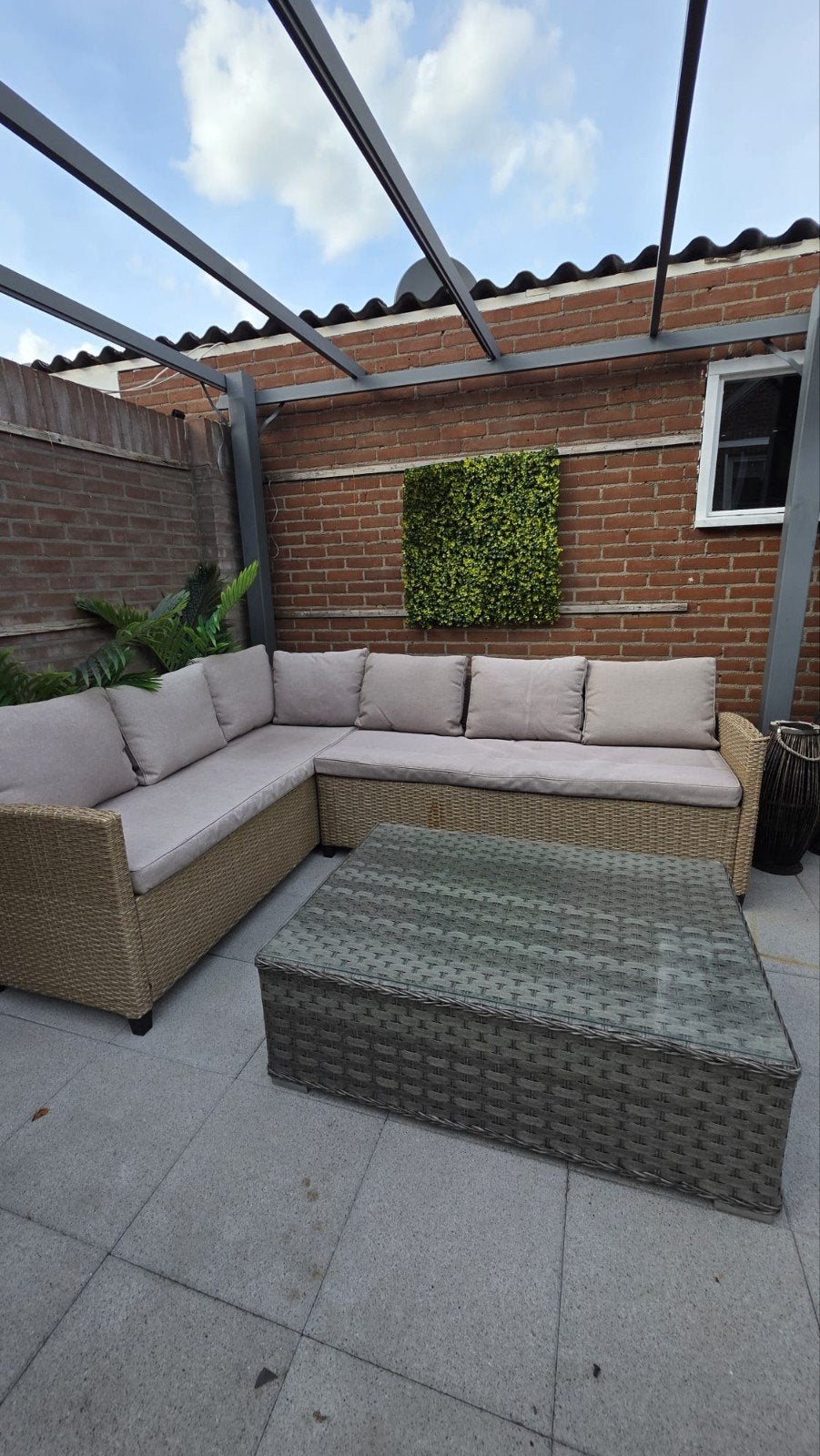Wicker loungetafel met glazen blad, Ophalen, Gebruikt, Rechthoekig, Wicker