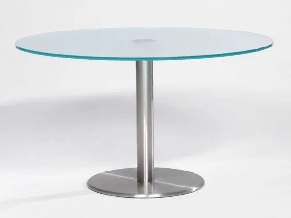 Metaform Orfis, design ronde glazen tafel, Huis en Inrichting, Gebruikt, 100 tot 150 cm, Rond, Ophalen of Verzenden