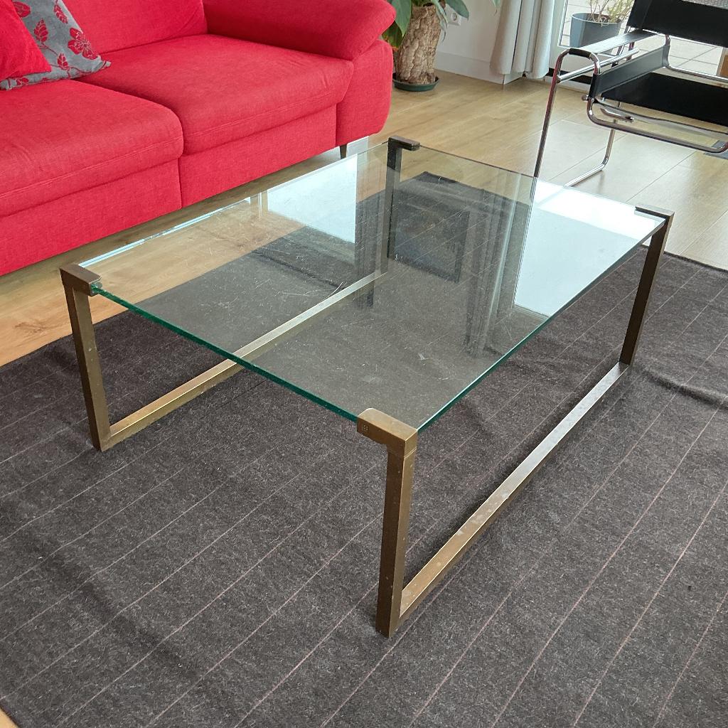 Glazen salontafel van Peter Ghyzcy, Huis en Inrichting, Tafels | Salontafels, Ophalen, Gebruikt, 100 tot 150 cm, Minimalistisch, Hollywood Regency Stijl, Dutch design