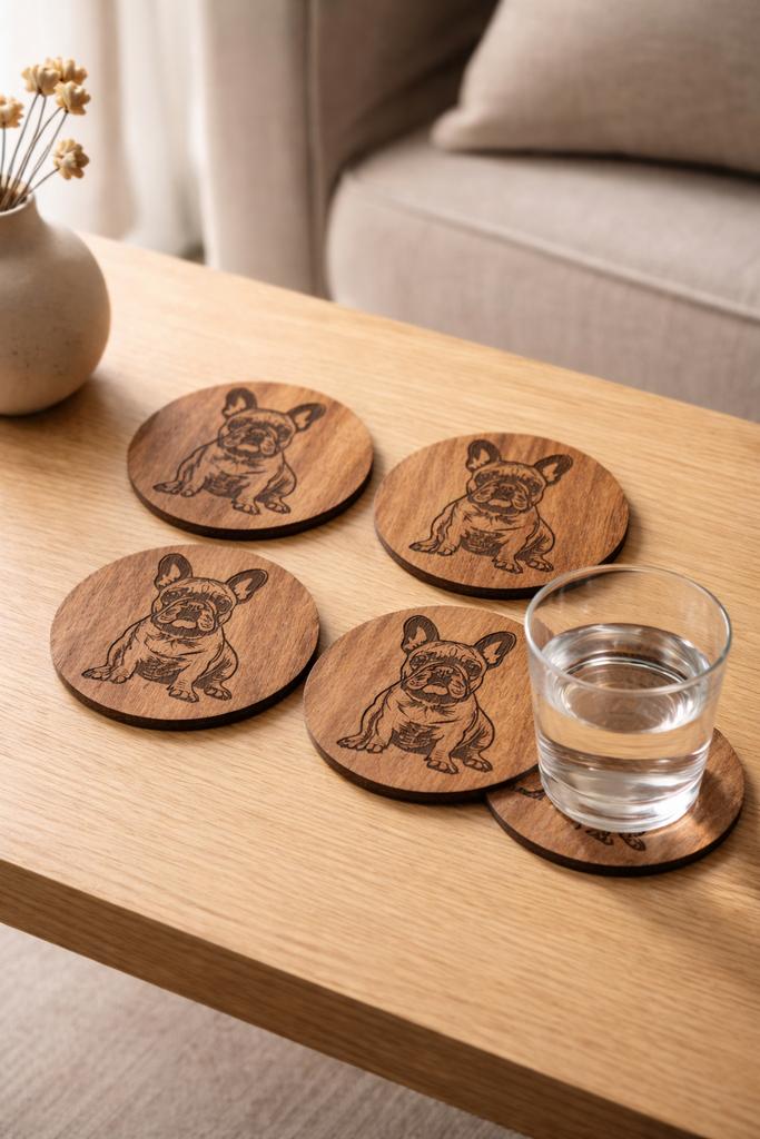 Set van 4 Franse Bulldog Onderzetters - Hout, Ophalen of Verzenden, Nieuw