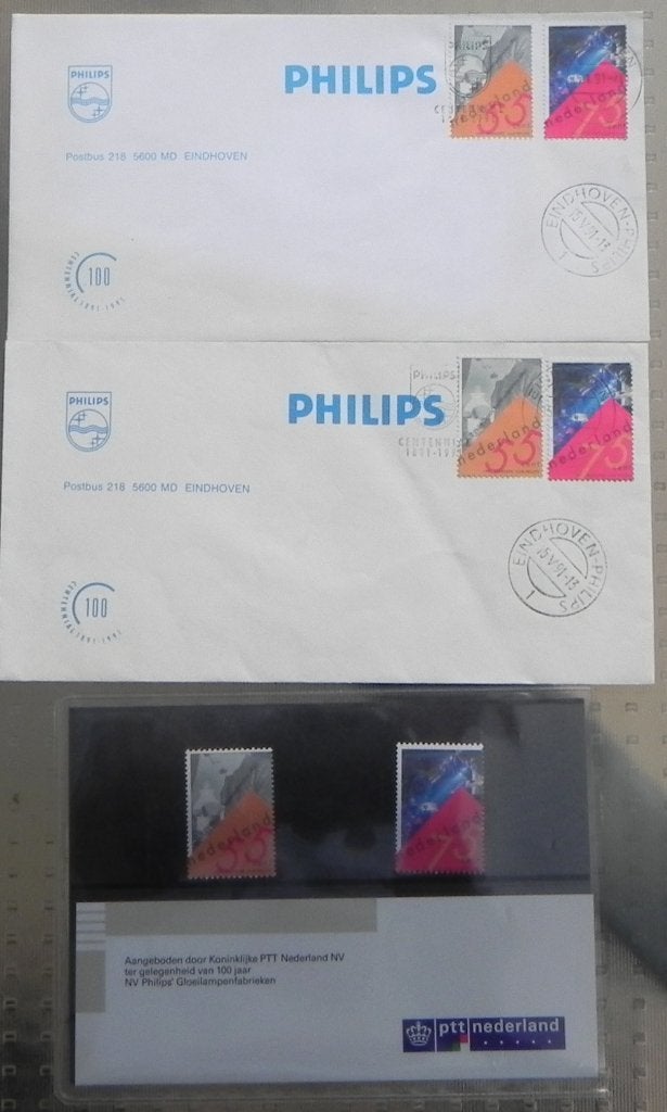 2 Eerste dag enveloppen Philips + 2 postzegels Philips, Postzegels en Munten, Ophalen of Verzenden, Na 1940, Postfris