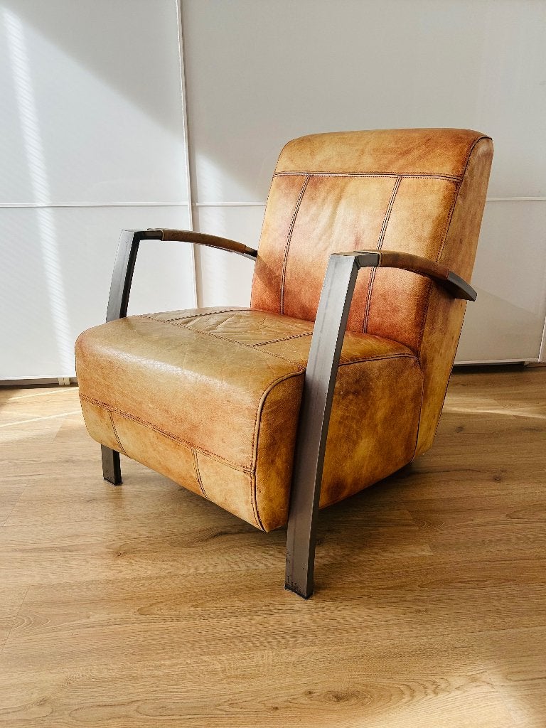 Fauteuil basil cognac leer industriëel, Huis en Inrichting, Fauteuils, Ophalen, Gebruikt, 75 tot 100 cm, 50 tot 75 cm