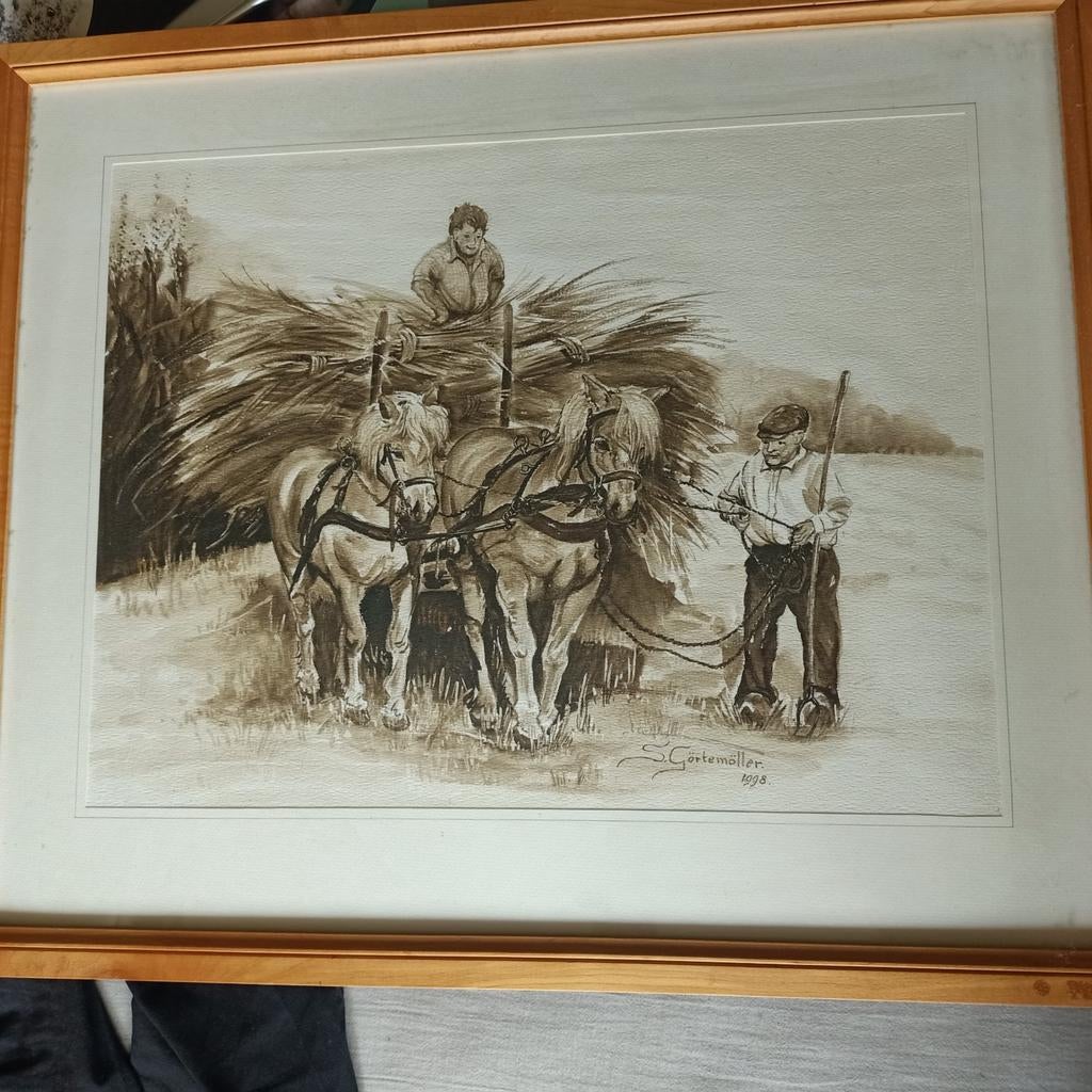 Vintage schilderij: Paarden met hooiwagen, gesigneerd, Antiek en Kunst, Ophalen of Verzenden
