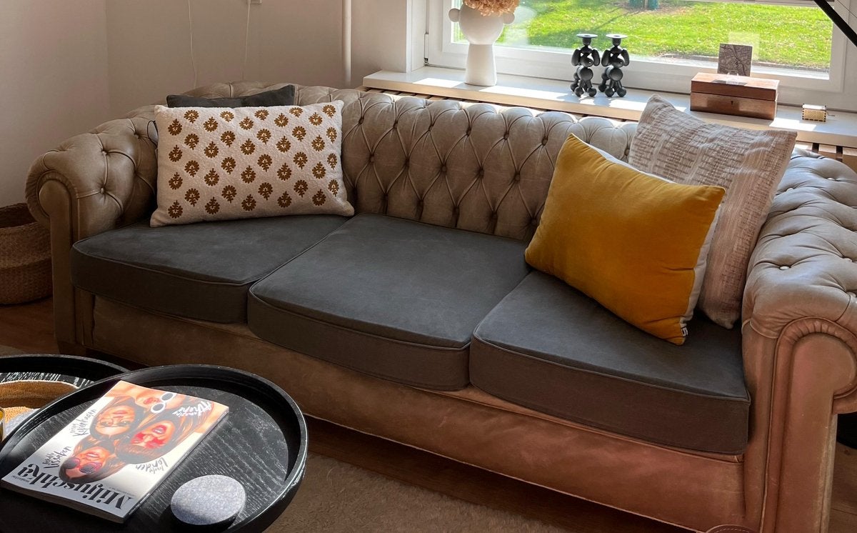 Vintage gecapitonneerde chesterfield 3-zitsbank, Ophalen, Gebruikt, Leer, Chesterfield