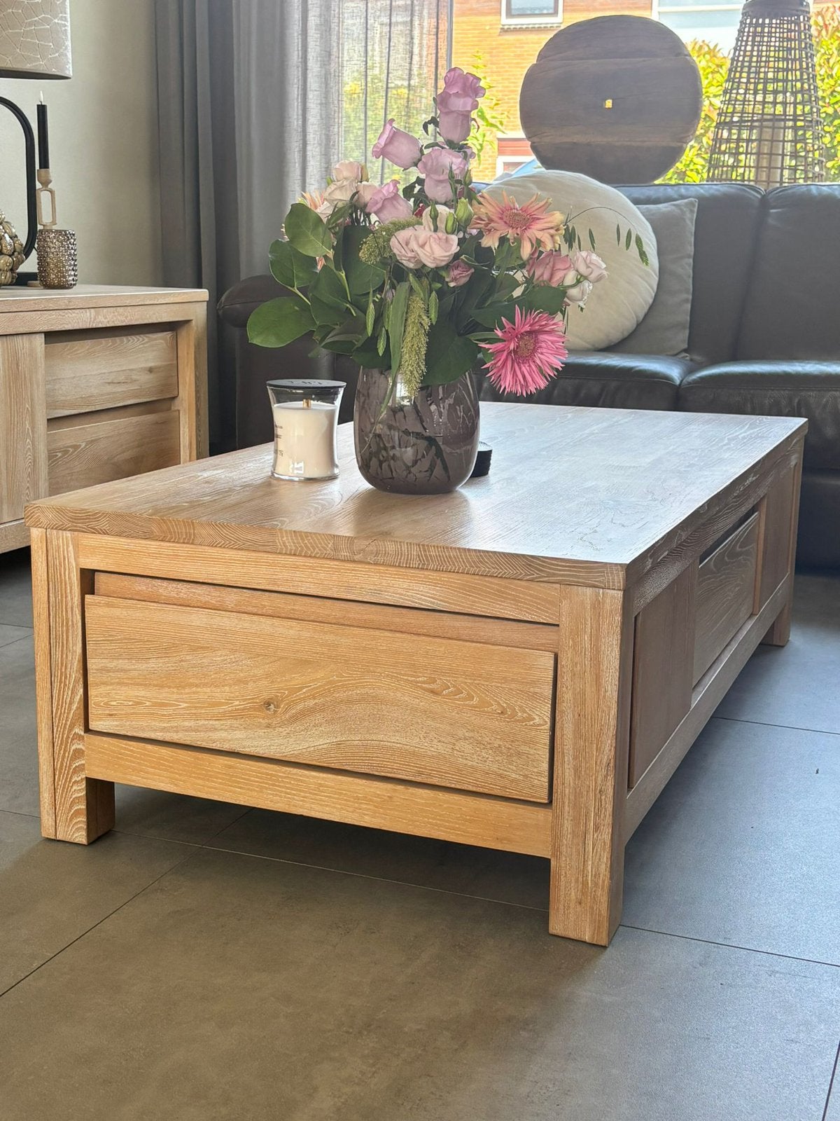 Salontafel massief licht eiken, Ophalen, Zo goed als nieuw, 100 tot 150 cm