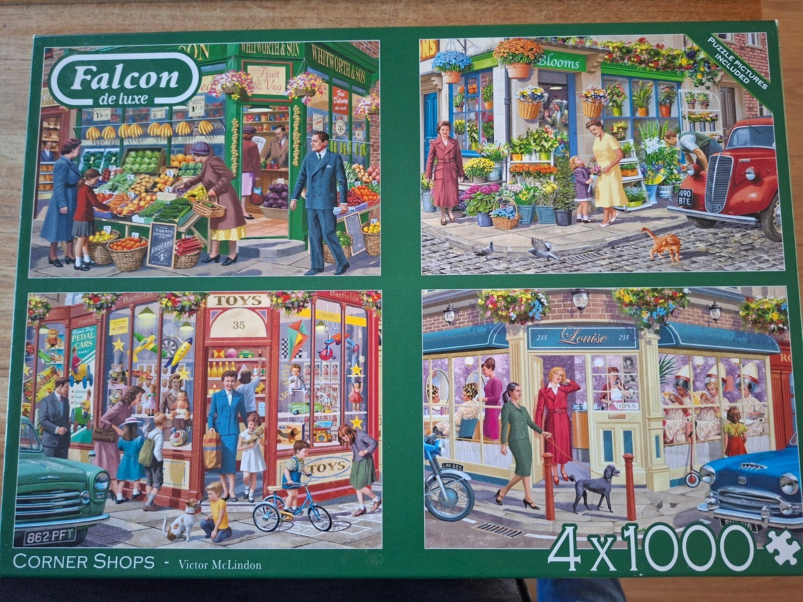 Falcon puzzels 4 x 1000 stukjes in 1 doos Corner Shops, Ophalen of Verzenden, 500 t/m 1500 stukjes, Zo goed als nieuw, Legpuzzel