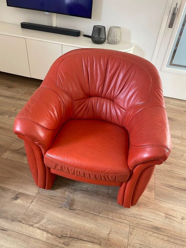 2 comfortabele leren fauteuils - warm oranje/rode kleur, Ophalen, Zo goed als nieuw, 50 tot 75 cm, Leer