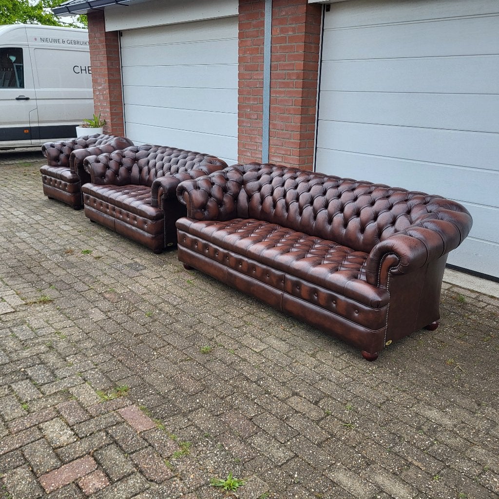 compleet Chesterfield bankstel Majestic buttoned seat bruin, Overige maten, Chesterfield, 75 tot 100 cm, Ophalen of Verzenden