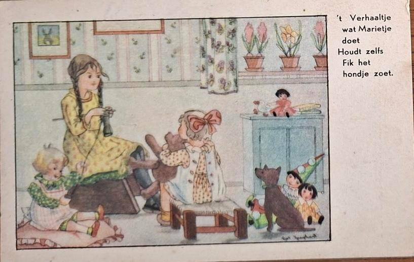 Riet Raaphorst tekende dit tafereel-Poppen-Breikous, Verzenden, 1920 tot 1940, Gelopen, Kinderen