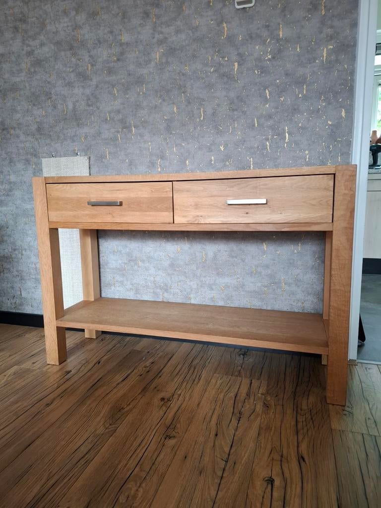 Massief dressoir met lades en plank, Ophalen, Met plank(en), Gebruikt, 100 tot 150 cm