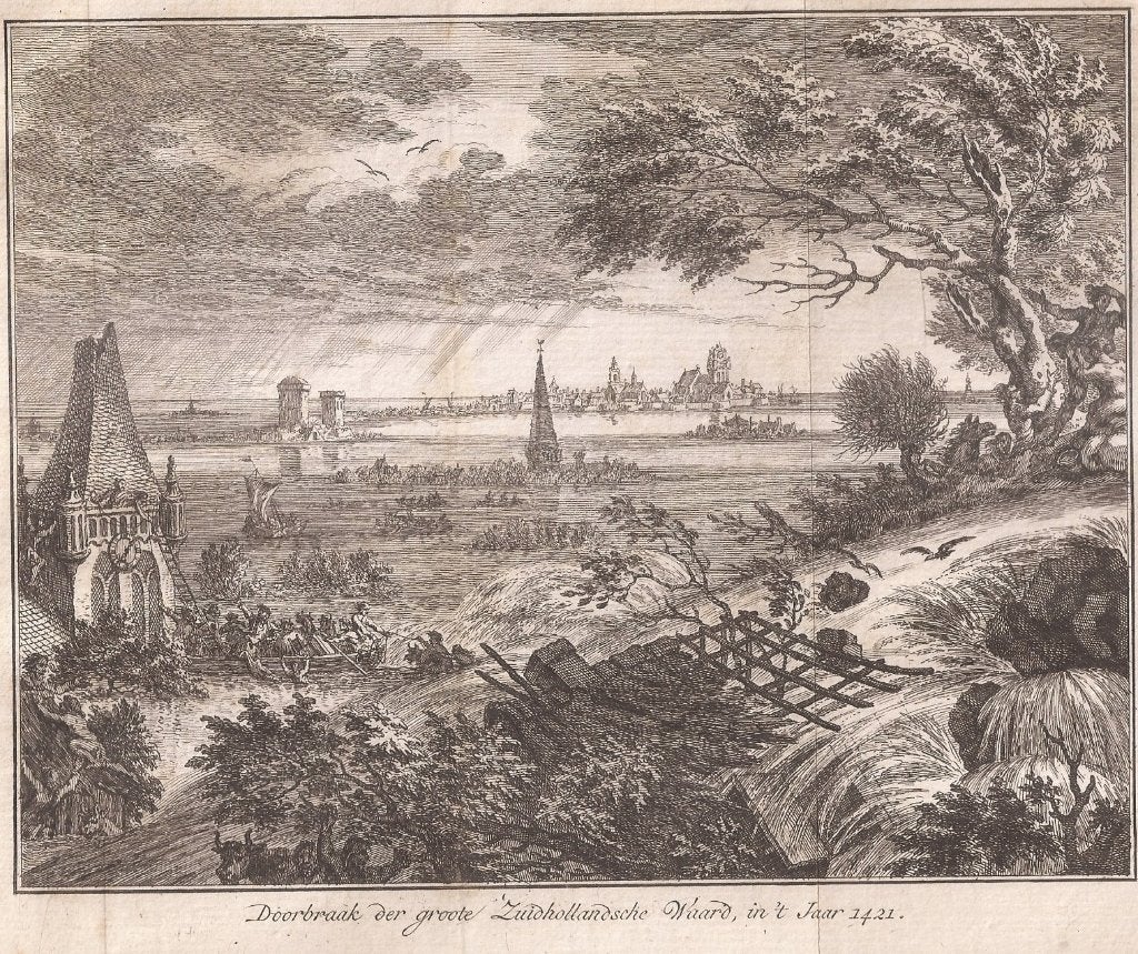 Doorbraak der groote Zuidhollandsche Waard, in 't Jaar 1421, 19 cm, Ophalen of Verzenden, 15 cm, 1700 - 1799