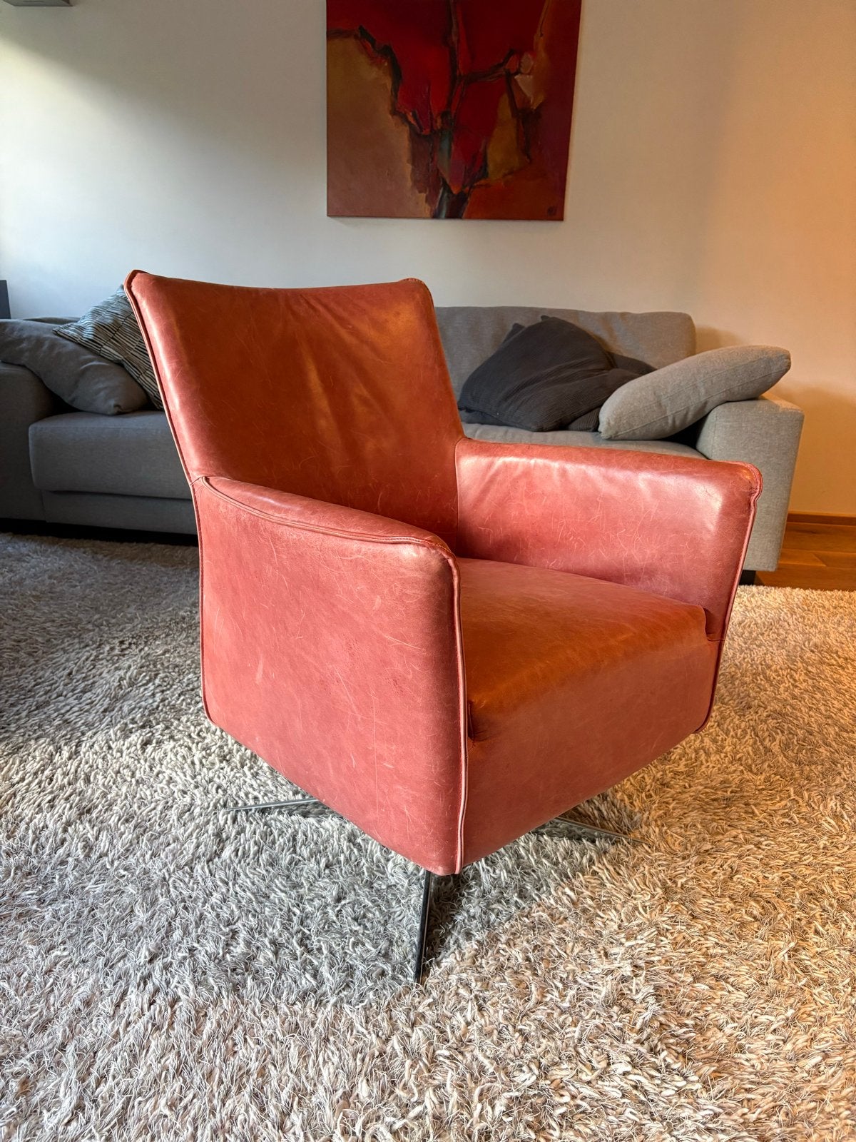 Comfortabele draaibare fauteuil van leer, Ophalen, Gebruikt, Leer, Eén