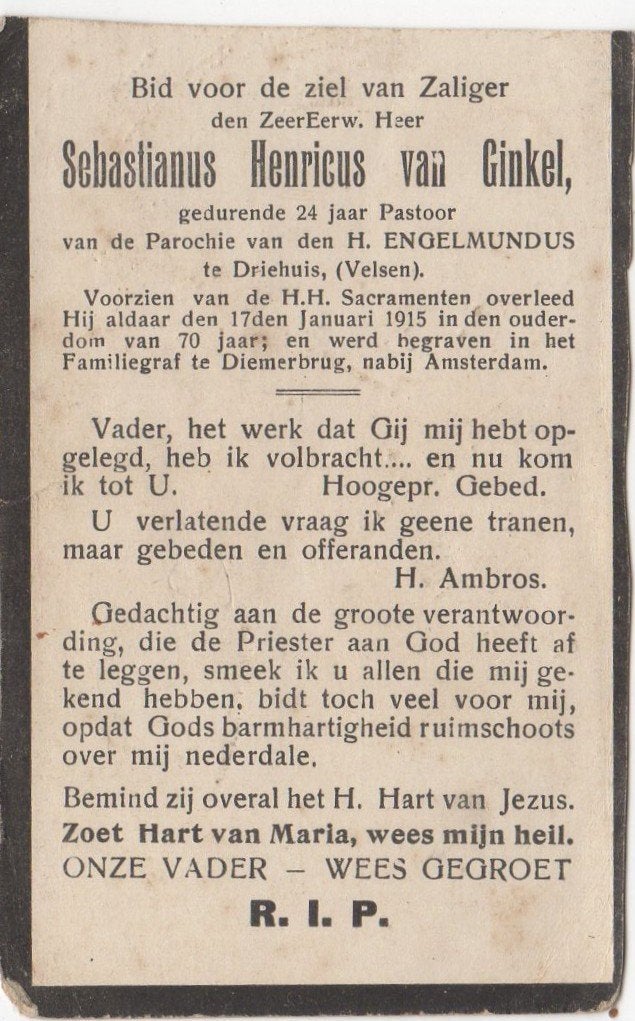 pastoor Bastiaan van Ginkel 1844 Amsterdam + 1915 Driehuis, Verzenden