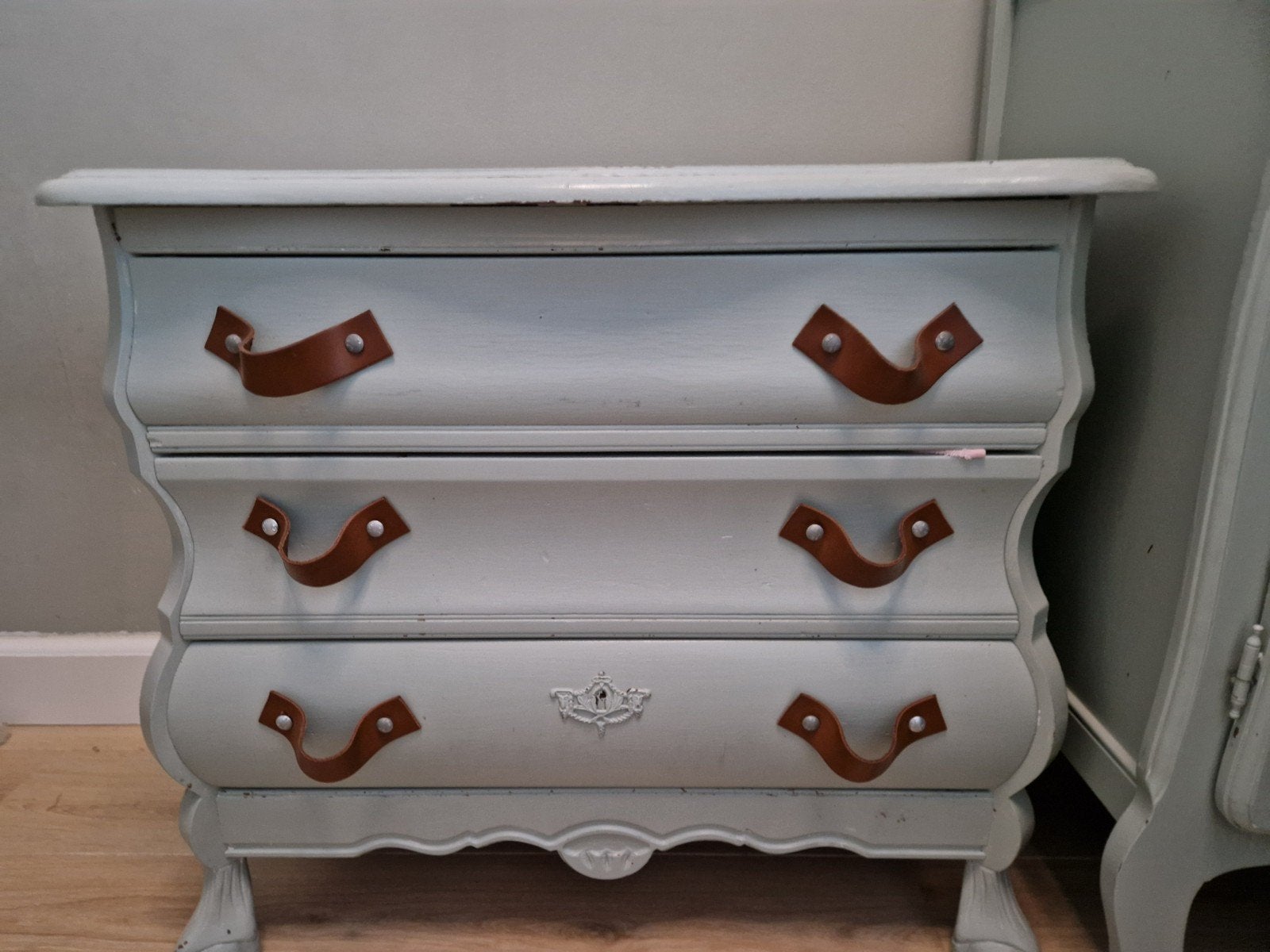 Vintage ladekastje met leren handgrepen, Huis en Inrichting, Ophalen, Minder dan 50 cm, Gebruikt, Vintage, Brocante, Landelijk