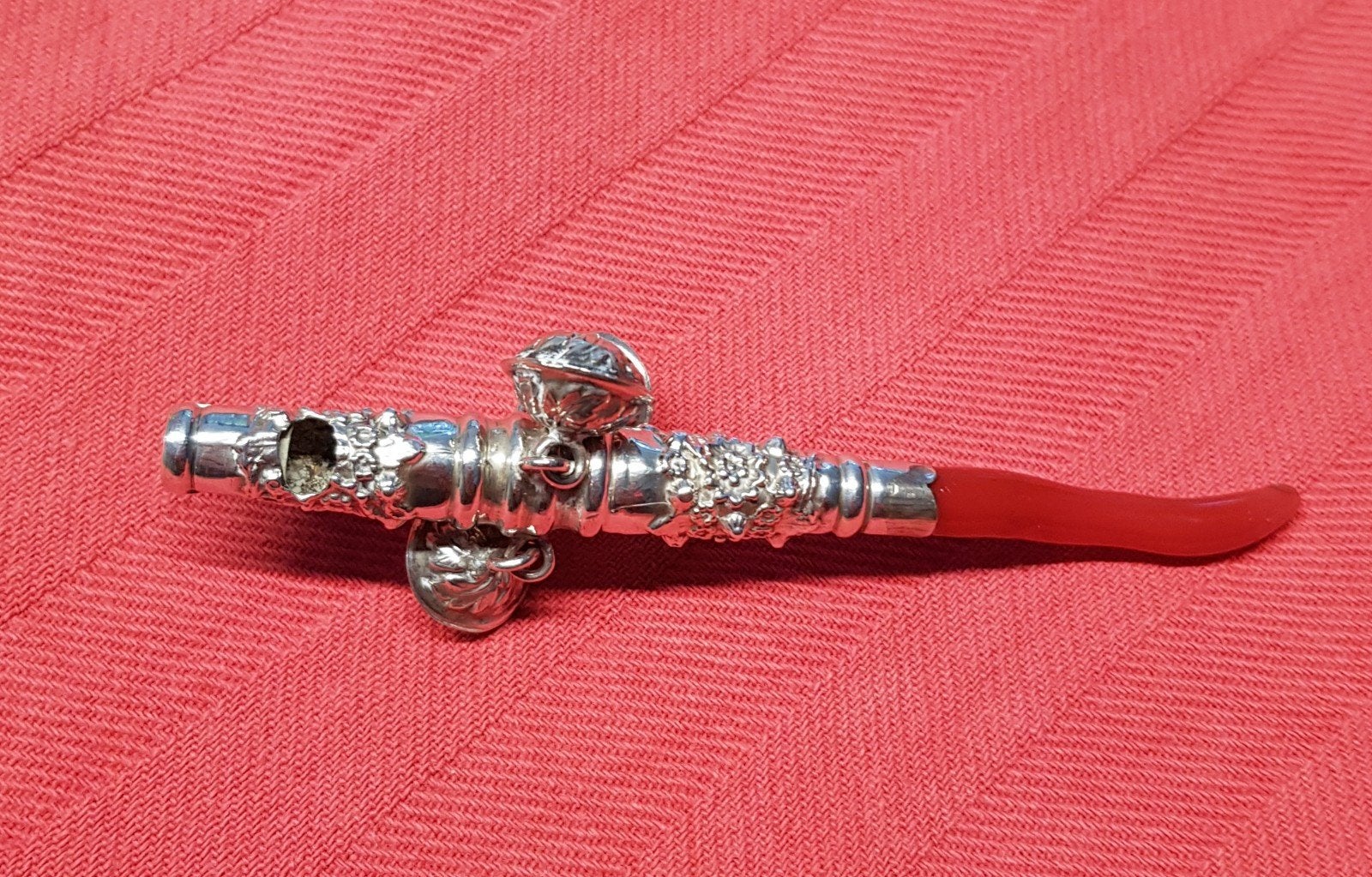 ZILVER RAMMELAAR, bloedkoraal, fluit, Antiek en Kunst, Antiek | Goud en Zilver, Ophalen of Verzenden, Zilver