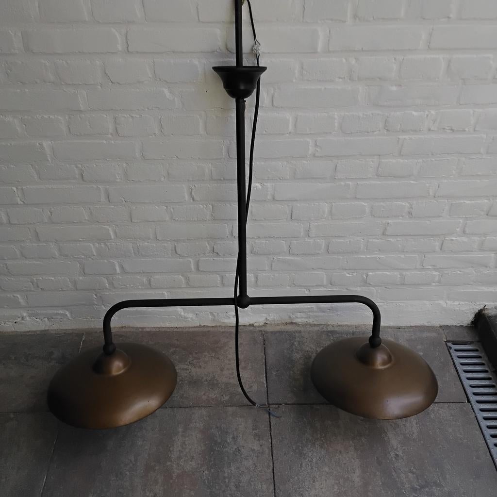 Tierlantijn koperen duo lamp met glazen stolpen, Huis en Inrichting, Ophalen, Gebruikt, 100 tot 150 cm, Metaal