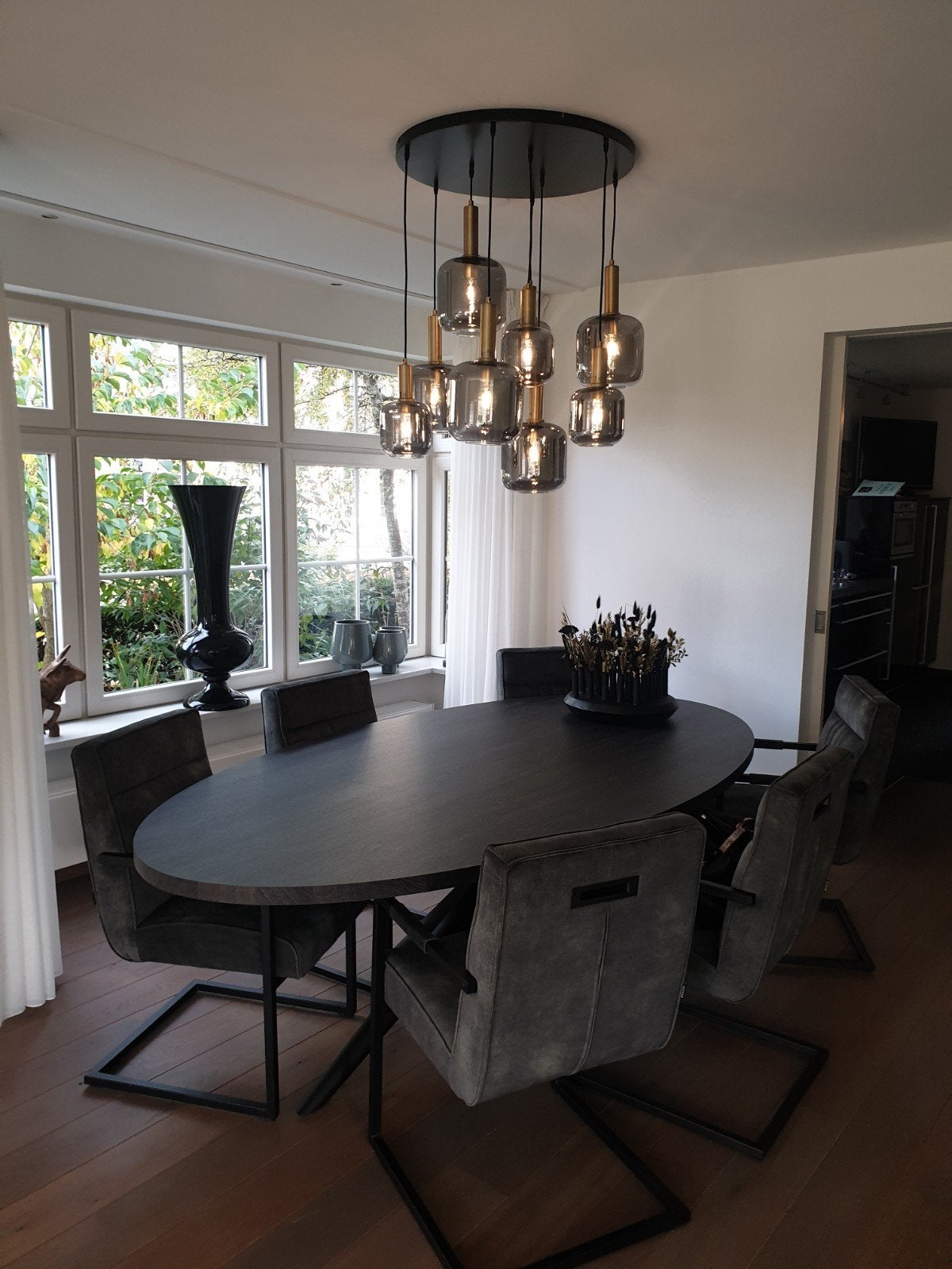 Light & Living Hanglamp Lekar 9-Lamps - Antiek Brons/Smoke, Ophalen, Zo goed als nieuw, Glas, Modern, Industrieel