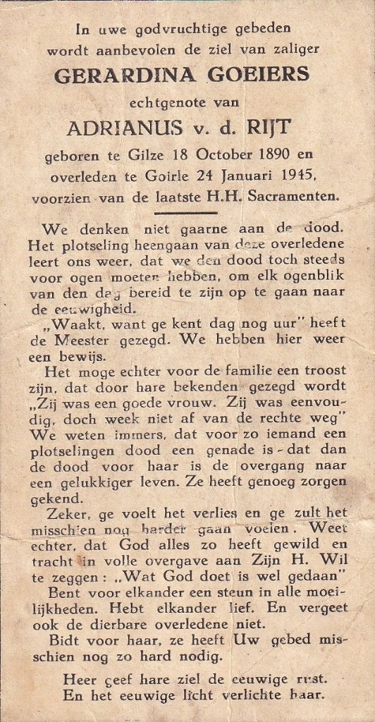 Goeiers Gerardina 1890 Gilze 1945  Goirle, Ophalen of Verzenden, Bidprentje