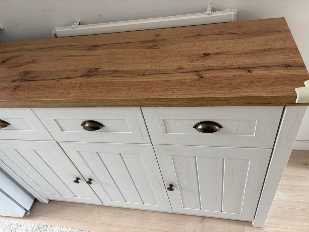 Dressoir wit met houtlook blad, 100 tot 150 cm, Ophalen of Verzenden, Zo goed als nieuw, Met lade(s)