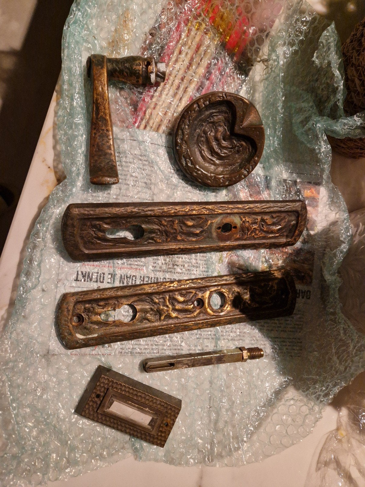 Vintage Gehamerd Massief Bronzen Deurbeslag Set, Ophalen of Verzenden