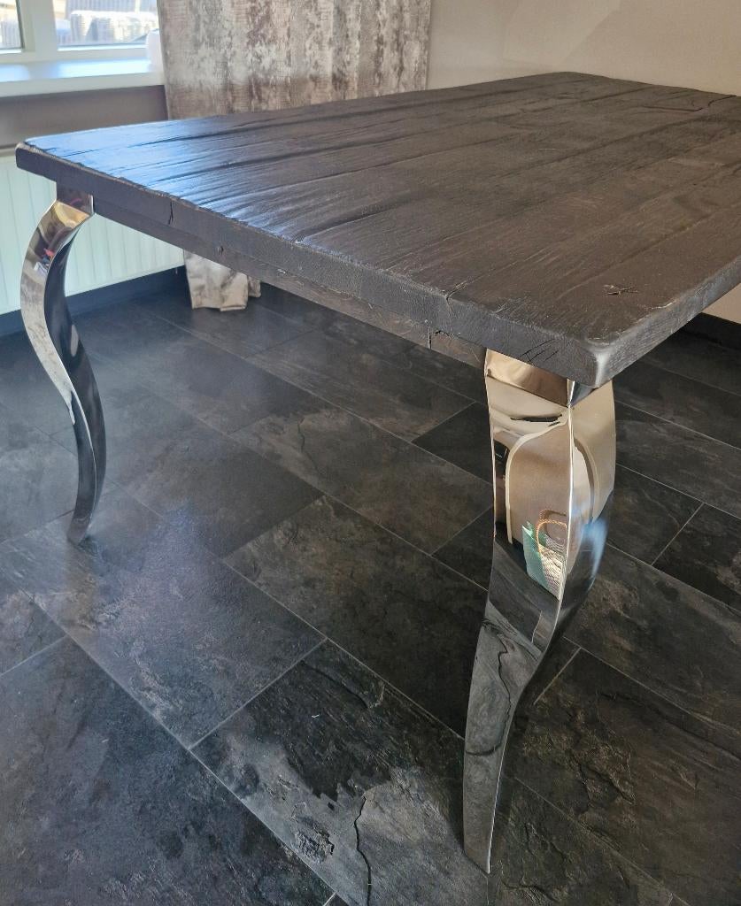 Prachtige eettafel Rofra Home zwart hout met chromen poten, Ophalen, 50 tot 100 cm, Zo goed als nieuw, 150 tot 200 cm