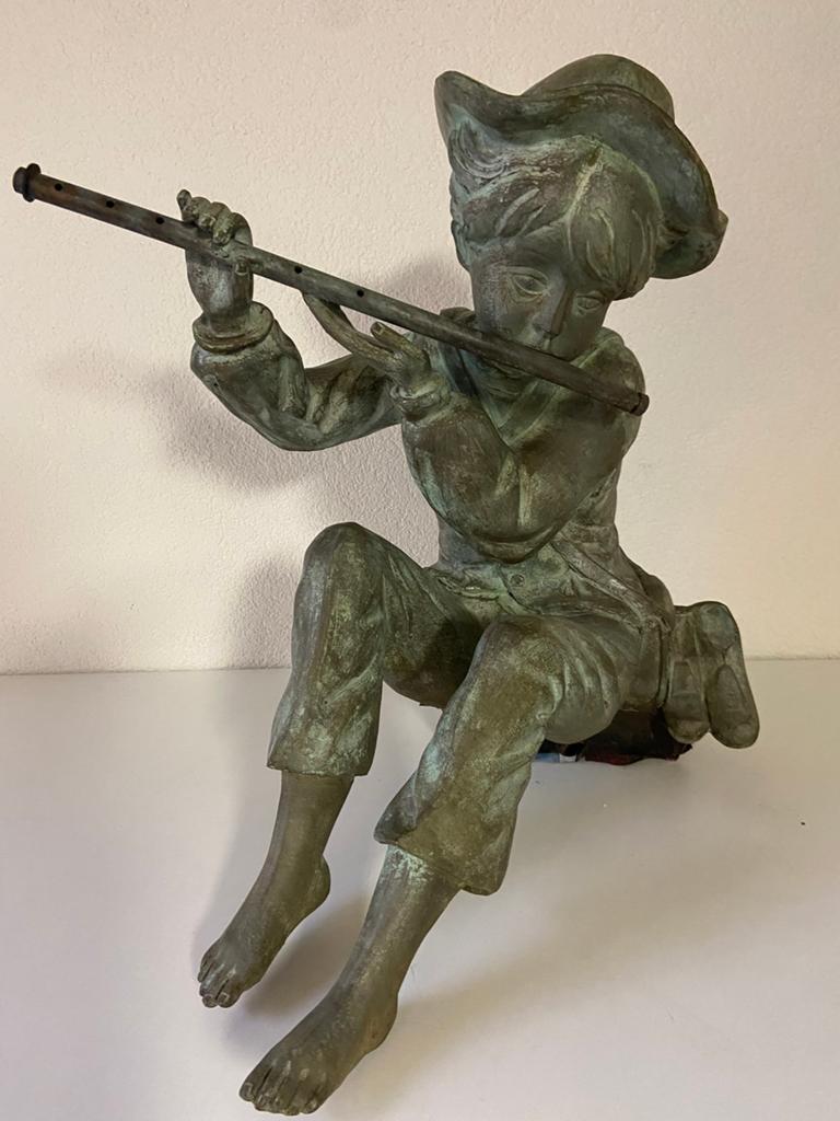 Bronzen kunstwerk - beeld van mannetje met fluit voor vijver, Tuin en Terras, Vijvers, Ophalen, Zo goed als nieuw