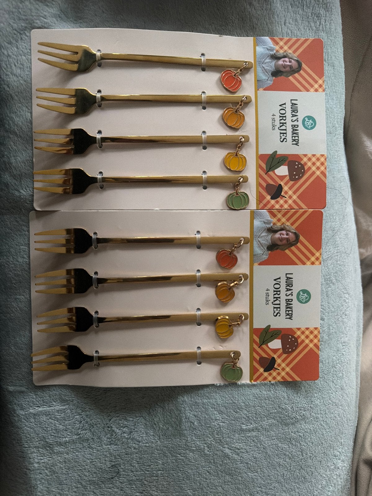 Nieuwe Laura's Bakery Pompoen Vorkjes (2x4 stuks), Gebaksvork, Los bestek, Nieuw, Ophalen of Verzenden