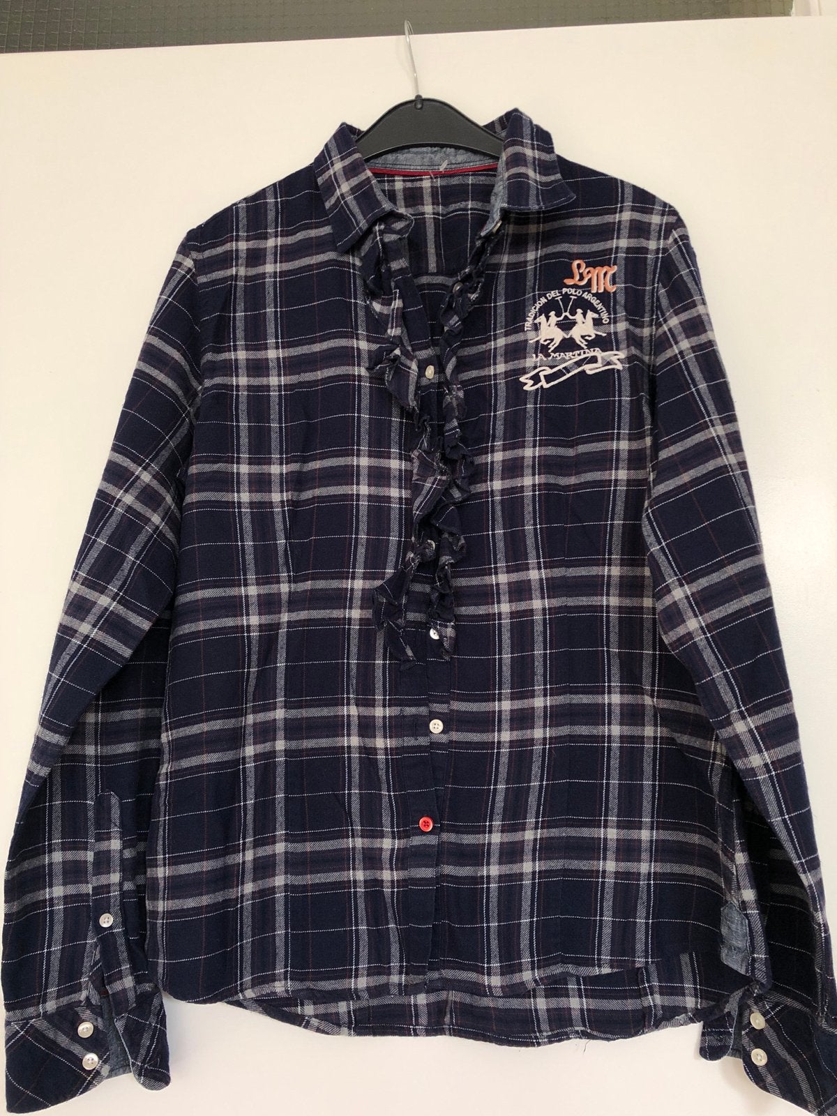 La Martina geruite blouse met ruches maat XS, Ophalen of Verzenden, Zo goed als nieuw, Maat 34 (XS) of kleiner, Blauw