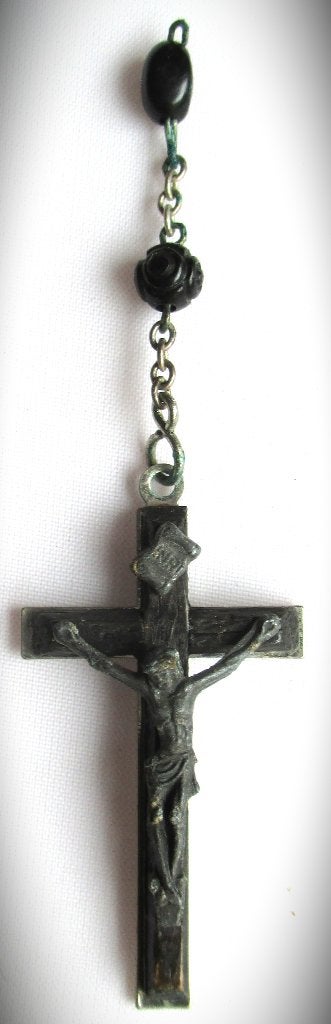 Crucifix~Rozenkrans~Antieke Rozen krans~Kruis~Kralen~4 cm, Ophalen of Verzenden, Gebruikt, Sieraad, Christendom | Katholiek