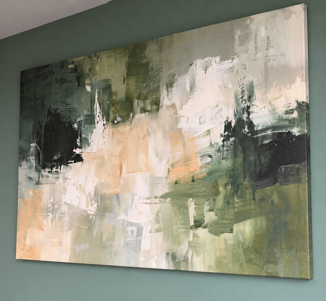 Abstract Schilderij Groen Wit Beige - Modern Canvas Kunst, Ophalen