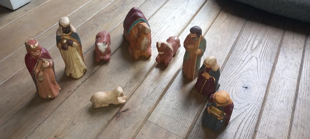 Oude Kerststal Beeldjes 9 Set Jozef, Maria, Wijzen, Dieren, Ophalen of Verzenden