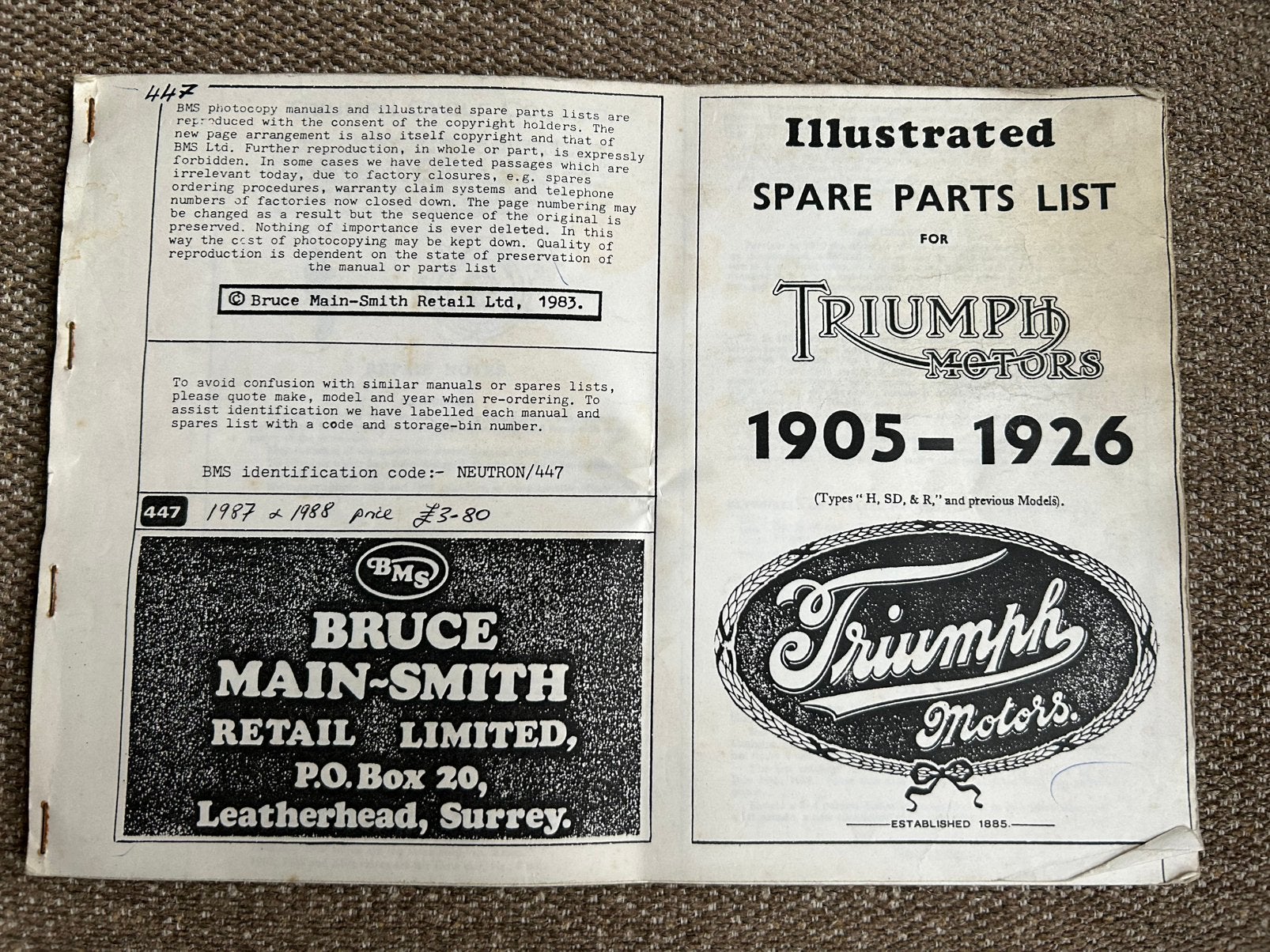 Triumph Spare Parts List 1905 - 1926, Ophalen of Verzenden, Gebruikt