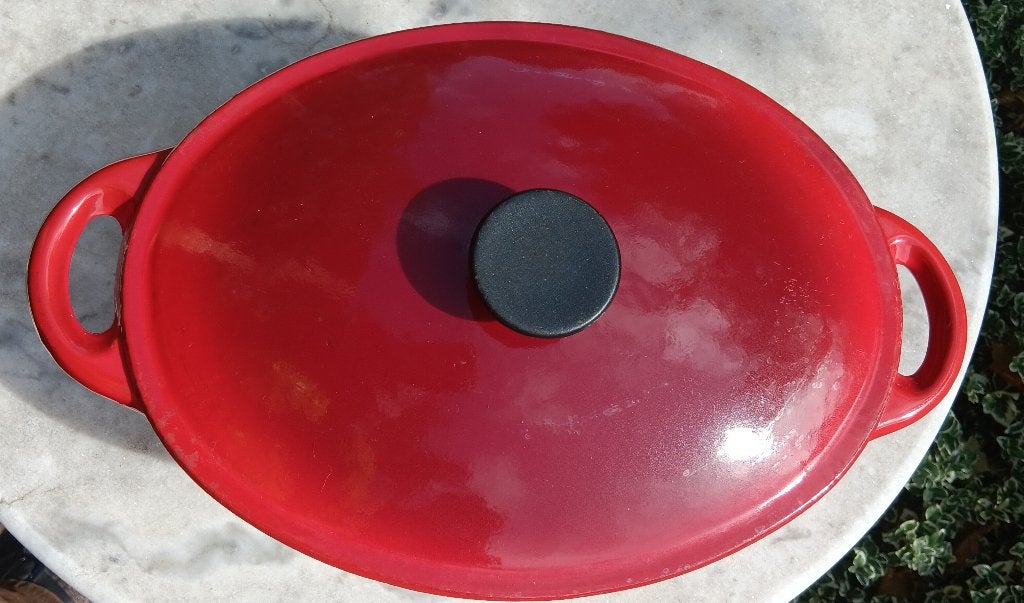 Vintage rode gietijzeren ovale naamloze braadpan (G295), Ophalen of Verzenden, Zo goed als nieuw, Met handvatten, Overige merken