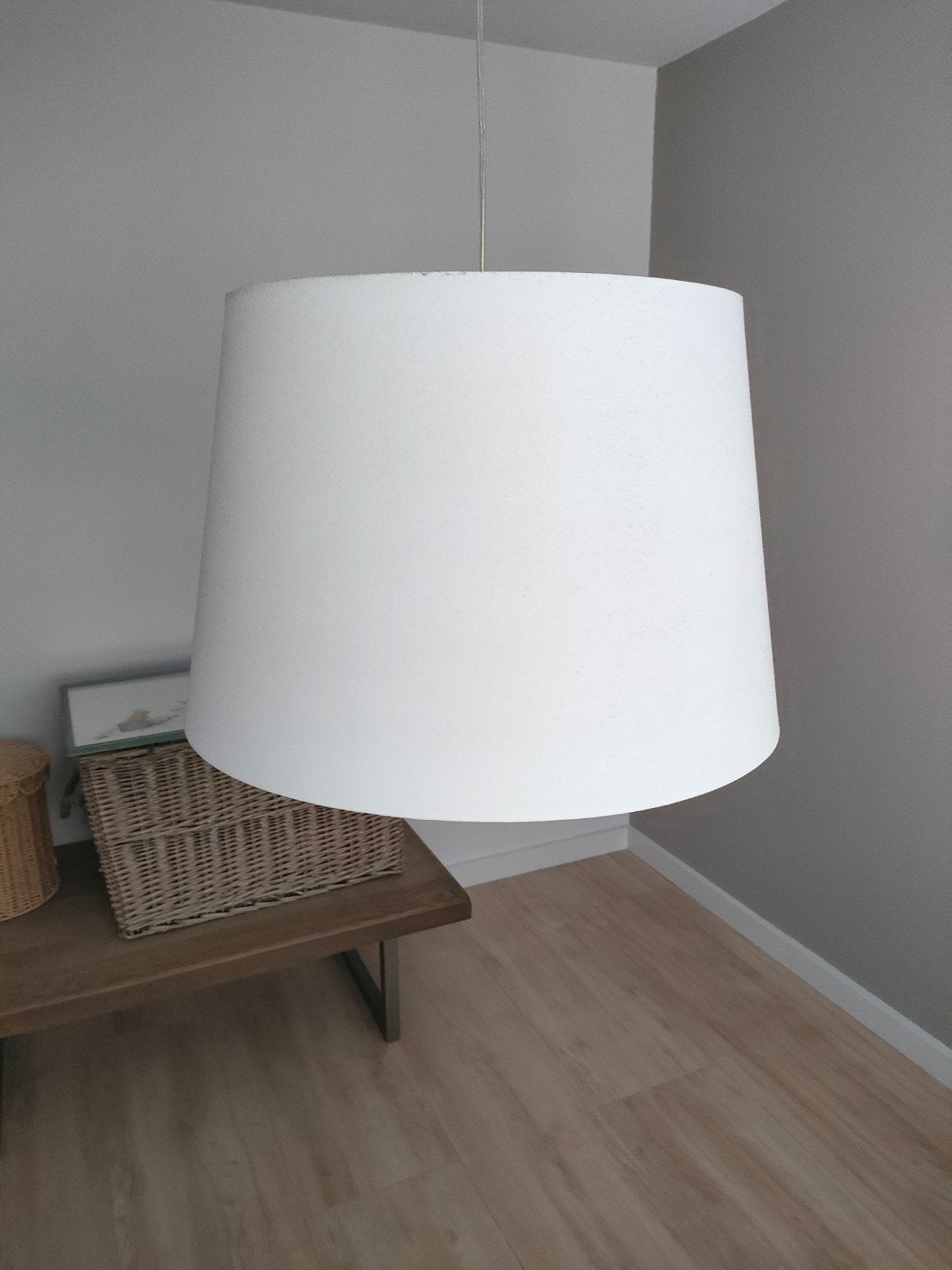 Witte hanglamp met stoffen kap, Ophalen, Gebruikt, Metaal, E27 (groot)
