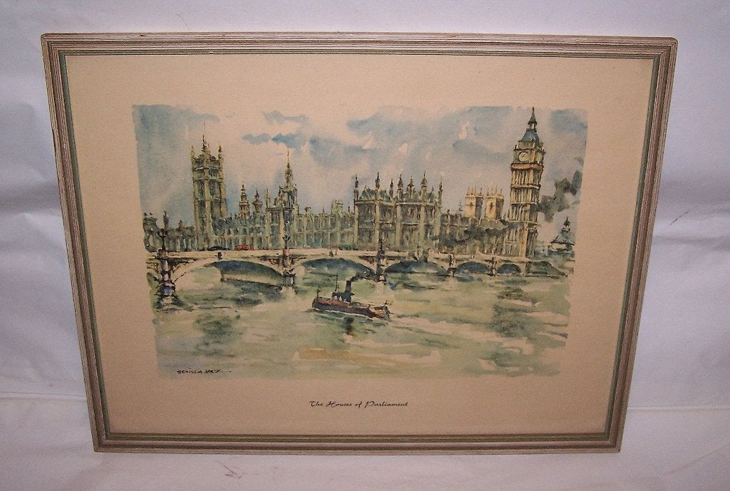 Prachtige aquarel Sevilla Saez -The Houses of Parliament., Ingelijst, Ophalen of Verzenden, Overige onderwerpen, Overige techniek