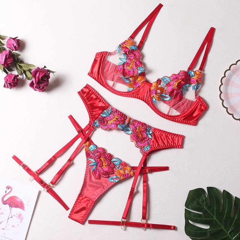 Rood lingerie setje string bh jarretels dames, Verzenden, Rood, Setje