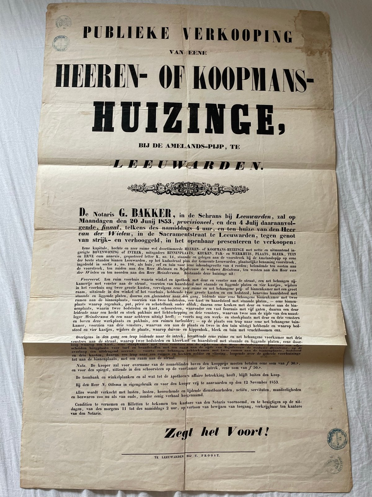 Oude advertentie Leeuwarden 1853 - Heren- of Koopmanshuizing, Boeken, Ophalen of Verzenden