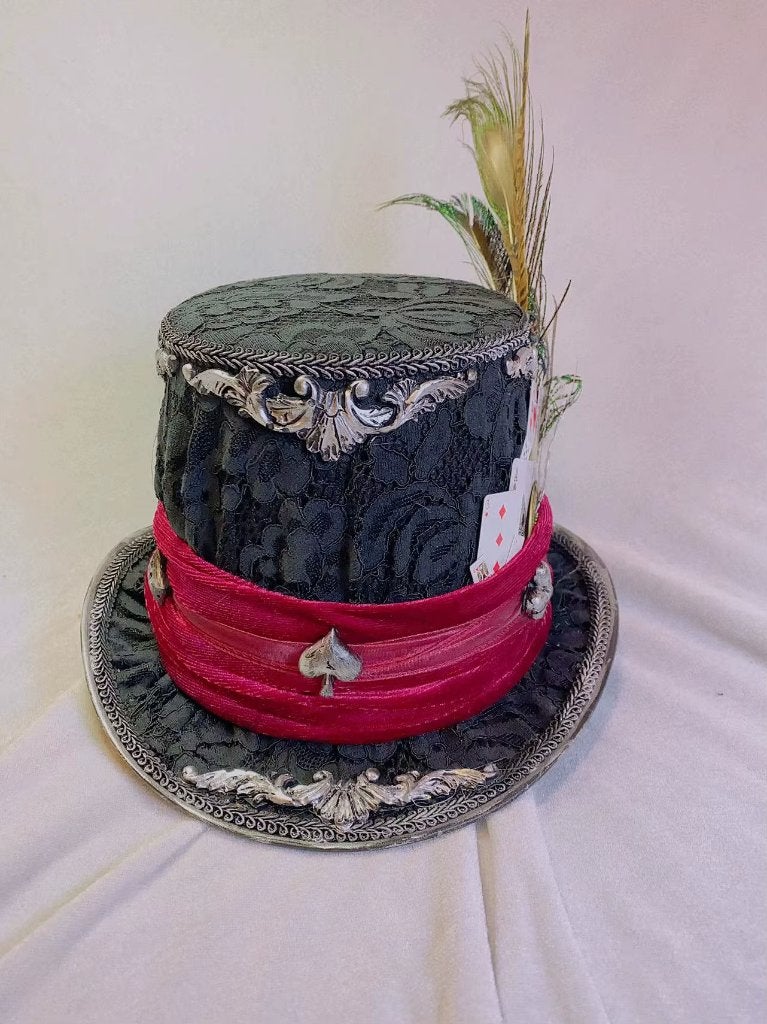 Zwarte hoge steampunk hoed met rode band, Verzenden, Nieuw, Hoed