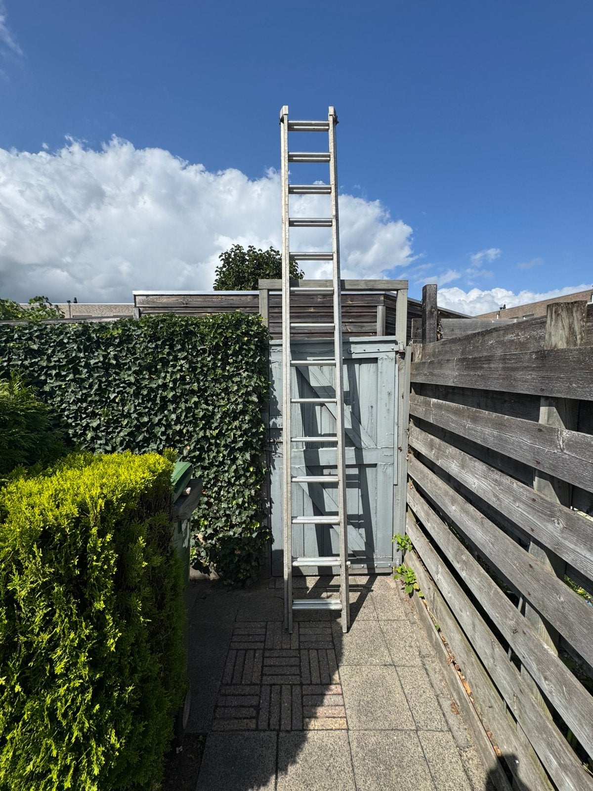 Aluminium schuifladder 2x 14 treden zie foto’s, Ophalen, Gebruikt, Ladder, 4 meter of meer